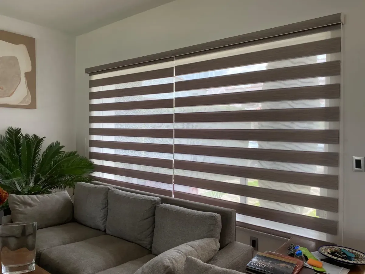 Persiana Sheer Elegance gris en una sala moderna con planta y sofá